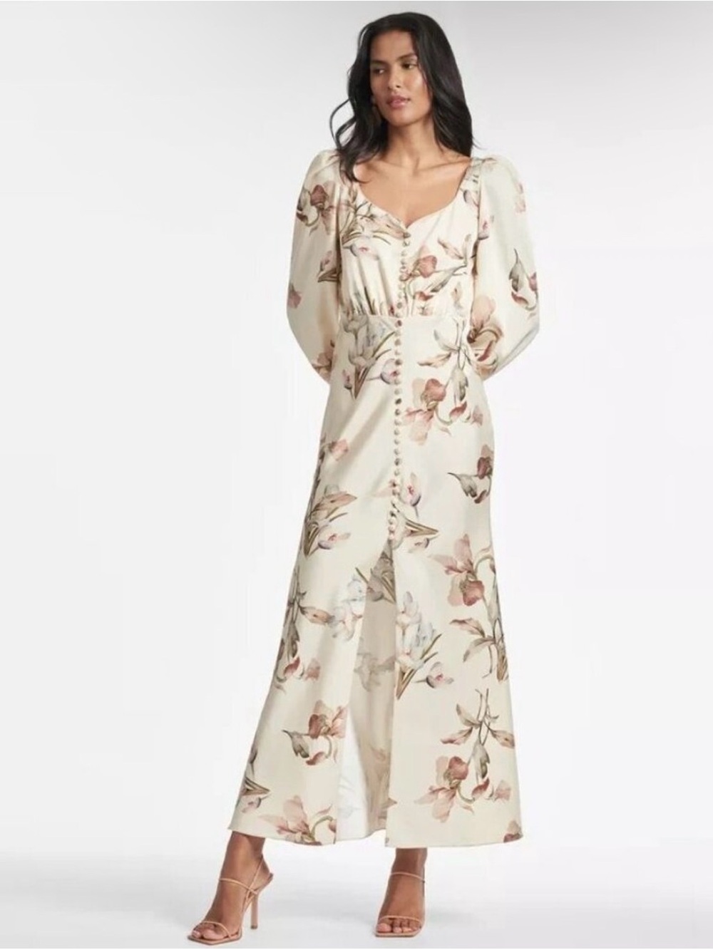 Sachin & Babi Amy Satin Ivory Floral Maxi Dress with Button Front